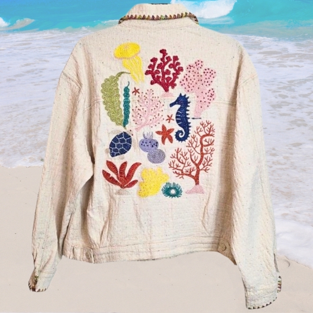 Nautical Seahorse Coastal Reef Natural Cotton Jacket Small Medium - Picture 5 of 10